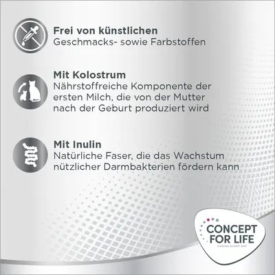 Frei von künstlichen Geschmacks- und Farbstoffen. Mit Kolostrum: Nährstoffreiche Milchkomponente. Mit Inulin: Natürliche Faser zur Förderung nützlicher Darmbakterien. Concept for Life Logo.