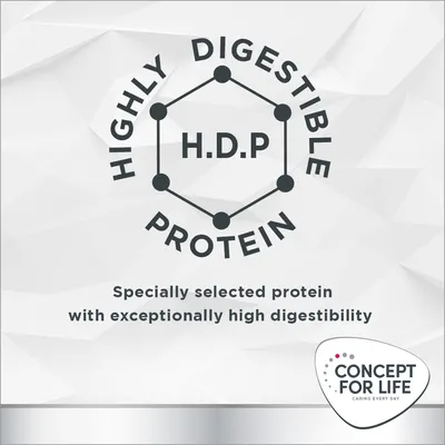 Highly Digestible Protein H.D.P. Specially selected protein with exceptionally high digestibility. Concept for Life brand.