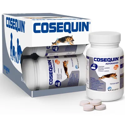 Cosequin Advanced, 40 comprimidos masticables y palatables. Fórmula vegetal. Suplemento para articulaciones. Marca Ecuphar. Imagen de envase y caja con perro.