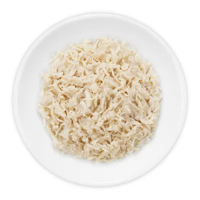 Bijeli usitnjeni komadi mesa na bijelom tanjuru, prikaz teksture i izgleda hrane za kućne ljubimce.