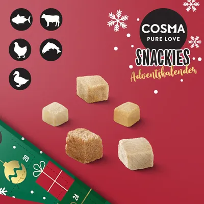 Cosma Pure Love Snackies adventní kalendář s lyofilizovanými pamlsky z ryb, hovězího, kuřecího, kachního a lososa. Vánoční design v červené a zelené barvě.
