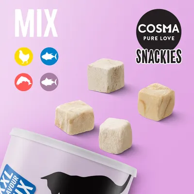 Cosma Pure Love Snackies MIX, cubos de snack liofilizados, embalagem XXL. Ícones de frango, atum, salmão e peixe visíveis.