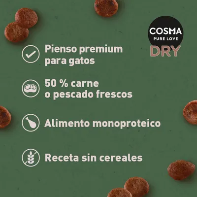 COSMA PURE LOVE DRY. Pienso premium para gatos, 50 % carne o pescado frescos, alimento monoproteico, receta sin cereales.
