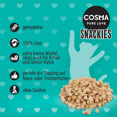 Cosma Snackies. Getreidefrei, 100% Filet, extra kleine Würfel ideal für Kitten und Senior Katzen, perfekt als Topping auf Nass- oder Trockenfutter, ohne Zusätze.