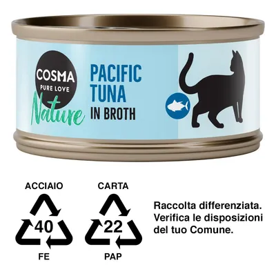 Cosma Pure Love Nature Pacific Tuna in Broth, lattina per gatti. Simboli raccolta differenziata: acciaio 40 FE, carta 22 PAP. Testo: Raccolta differenziata. Verifica le disposizioni del tuo Comune.