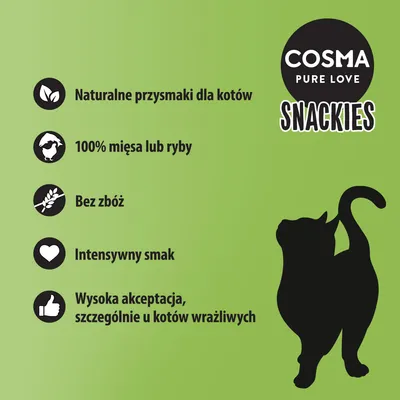 COSMA PURE LOVE SNACKIES. Naturalne przysmaki dla kotów, 100% mięsa lub ryby, bez zbóż, intensywny smak, wysoka akceptacja u kotów wrażliwych.