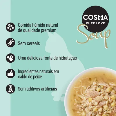 COSMA PURE LOVE Soup. Comida húmida natural de qualidade premium, sem cereais, fonte de hidratação, ingredientes naturais em caldo de peixe, sem aditivos artificiais.