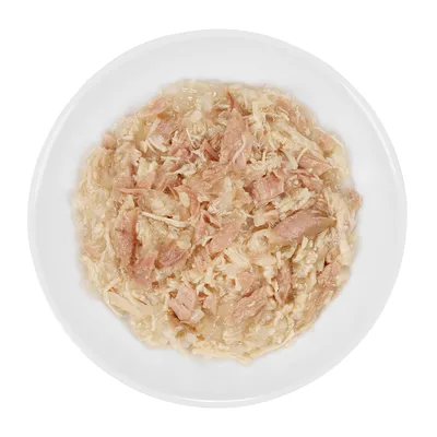 Assiette blanche contenant de la nourriture humide pour animaux, morceaux effilochés de viande claire dans une gelée transparente, vue du dessus.