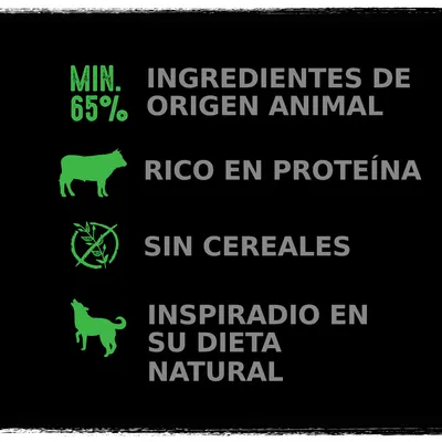 Min. 65 % ingredientes de origen animal, rico en proteína, sin cereales, inspirado en su dieta natural.