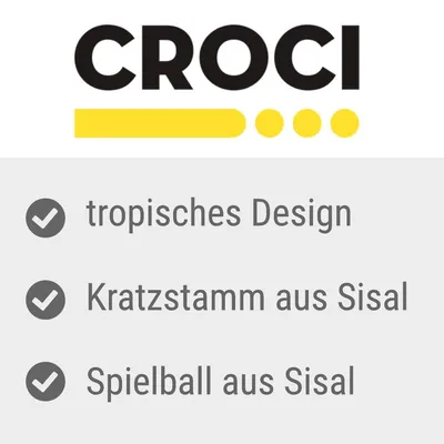 CROCI. Tropisches Design, Kratzstamm aus Sisal, Spielball aus Sisal.