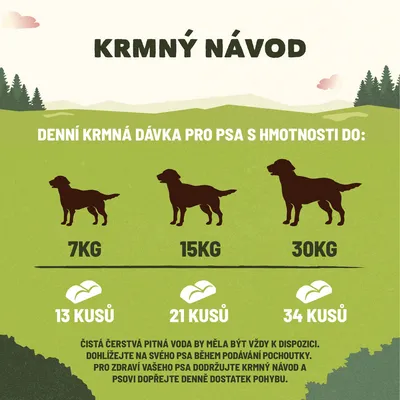 Krmný návod: denná dávka pre psa s hmotnosťou do 7 kg – 13 kusov, do 15 kg – 21 kusov, do 30 kg – 34 kusov. Text v češtine.