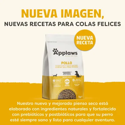 Applaws Pollo, nueva receta, pienso equilibrado para perros adultos pequeños y medianos. Con ingredientes naturales, prebióticos y postbióticos.