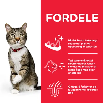 FORDELE: Klinisk bevist teknologi reducerer plak og opbygning af tandsten. Tæt sammenknyttet fiberteknologi renser tænder og bidrager til frisk ånde. Omega-6 fedtsyrer og E-vitaminer til luksuriøs pels.