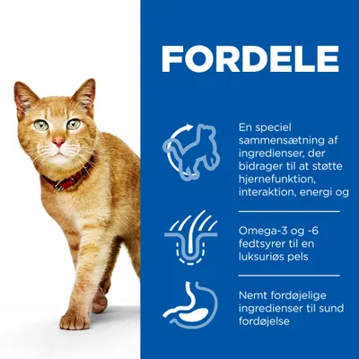 FORDELE: En speciel sammensætning af ingredienser, der bidrager til at støtte hjernefunktion, interaktion, energi og Omega-3 og -6 fedtsyrer til en luksuriøs pels. Nemt fordøjelige ingredienser til sund fordøjelse.