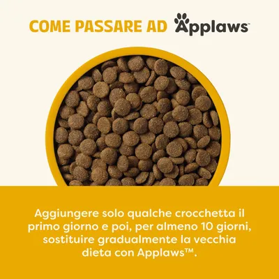 Istruzioni per il passaggio ad Applaws: sostituire gradualmente il vecchio alimento con Applaws per almeno 10 giorni, aggiungendo inizialmente solo poche crocchette. Istruzioni per il passaggio ad Applaws: sostituire gradualmente il vecchio alimento con Applaws per almeno 10 giorni, aggiungendo inizialmente solo poche crocchette.