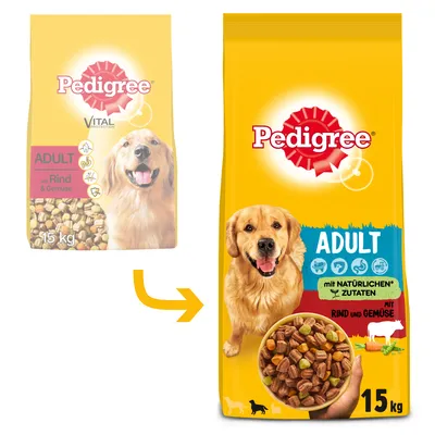 Confronto tra due confezioni di Pedigree Adult 15 kg con manzo e verdure; nuova confezione a destra con scritte 'mit natürlichen Zutaten', 'mit Rind und Gemüse', immagine di cane e crocchette.