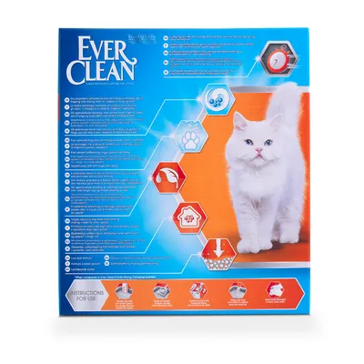 Упаковка наполнителя для кошачьего туалета Ever Clean с изображением белой кошки, инструкциями по применению и пиктограммами характеристик на передней стороне.