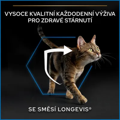 Vysocé kvalitní každodenní výživa pro zdravé stárnutí. Se směsí LONGEVIS®. Obrázek kočky s grafickým prvkem šipky.