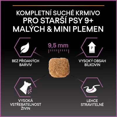 Kompletní suché krmivo pro starší psy 9+ malých a mini plemen, velikost granule 9,5 mm, bez přidaných barviv, vysoký obsah bílkovin, vysoká vstřebatelnost živin, lehce stravitelné.