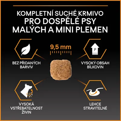 Kompletní suché krmivo pro dospělé psy malých a mini plemen, velikost granule 9,5 mm, bez přidaných barviv, vysoký obsah bílkovin, vysoká vstřebatelnost živin, lehce stravitelné.