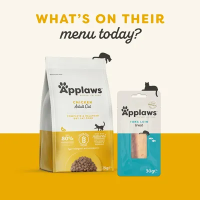 Karma Applaws Chicken Adult Cat 7,5 kg oraz przysmak Applaws Tuna Loin treat 30 g. Widoczne napisy: 80% składników zwierzęcych, naturalne składniki, bez zbóż.