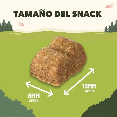Tamaño del snack: pieza rectangular de aproximadamente 8 mm de ancho y 13 mm de largo, mostrado sobre fondo verde. Texto visible: 'TAMAÑO DEL SNACK', '8MM APROX.', '13MM APROX.'