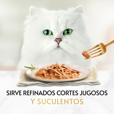 Gato blanco frente a plato de comida húmeda. Texto visible: 'Sirve refinados cortes jugosos y suculentos'.