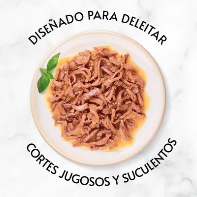 Plato con trozos de carne en salsa, hoja de albahaca y texto: 'DISEÑADO PARA DELEITAR. CORTES JUGOSOS Y SUCULENTOS'.