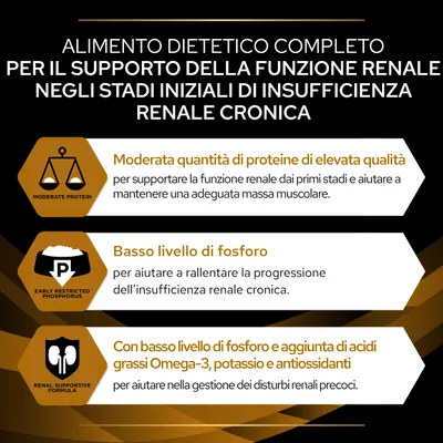 Alimento dietetico completo per supporto della funzione renale: moderata quantità di proteine di elevata qualità, basso livello di fosforo, aggiunta di Omega-3, potassio e antiossidanti.