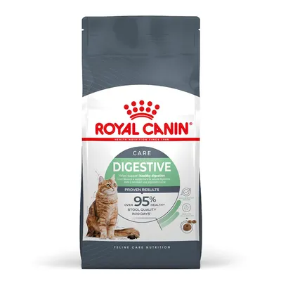 Digestive care dry food, helps support healthy digestion. Proven results: over 95% healthy stool quality in 10 days. Image shows a cat and a bowl of kibble.