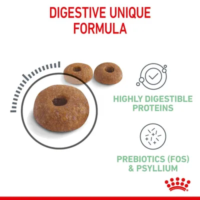 Digestive unique formula with kibble shown. Highlights include highly digestible proteins and prebiotics (FOS) with psyllium for digestive support.