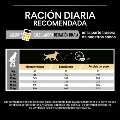 Tabla de ración diaria recomendada para perros según peso: mantenimiento, esterilizado y pérdida de peso. Ejemplo: 10 kg, 185 g mantenimiento, 165 g esterilizado, 140 g pérdida de peso.