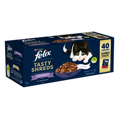 Felix Tasty Shreds mixed selection, 40 pouch jumbo pack with beef, chicken, salmon and tuna. No colourants. Product packaging shows shreds in a bowl.