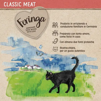 Feringa. Prodotto in un'azienda a conduzione familiare in Germania. Preparato con tanto amore, come fatto in casa. Con almeno due fonti proteiche. Ricetta chiara, per un gusto autentico.
