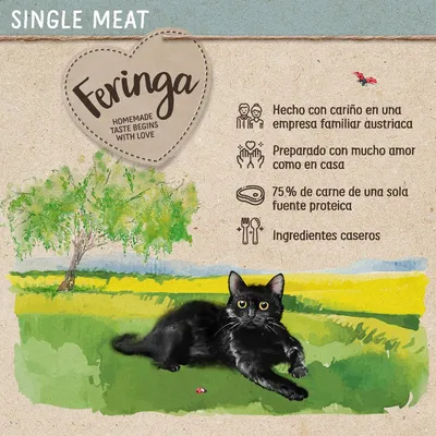 Feringa. Hecho con cariño en una empresa familiar austríaca, preparado como en casa, 75 % de carne de una sola fuente proteica, ingredientes caseros. Texto en inglés: Homemade taste begins with love.