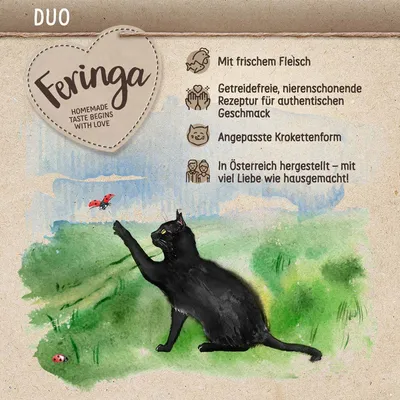 Feringa Duo. Tuoretta lihaa, viljaton, munuaisystävällinen resepti, mukautettu nappulamuoto, valmistettu Itävallassa – kuin kotitekoista.