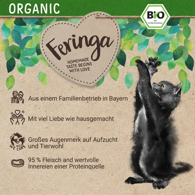 Feringa, HOMEMADE TASTE BEGINS WITH LOVE. BIO-merkki. Teksti saksaksi: Aus einem Familienbetrieb in Bayern, Mit viel Liebe wie hausgemacht, Großes Augenmerk auf Aufzucht und Tierwohl, 95 % Fleisch.