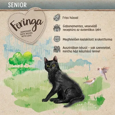 Feringa Senior macskaeledel, friss hússal, gabonamentes, vesekímélő receptúra, megfelelő krokettforma, Ausztriában készül. Szöveg angolul: Homemade taste begins with love.