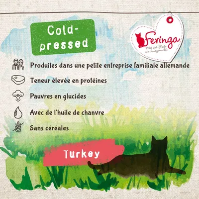 Feringa Cold-pressed, produites dans une petite entreprise familiale allemande, teneur élevée en protéines, pauvres en glucides, avec de l'huile de chanvre, sans céréales, Turkey.