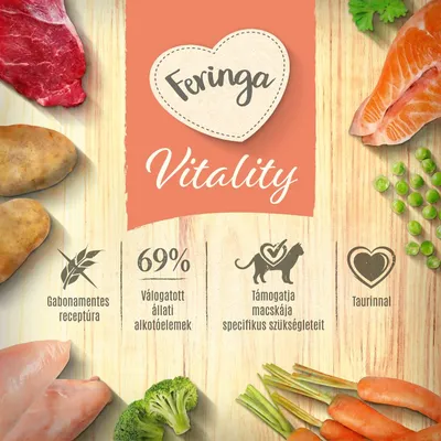 Feringa Vitality. Gabonamentes receptúra, 69% válogatott állati alkotóelemek, támogatja macskája specifikus szükségleteit, taurinnal.