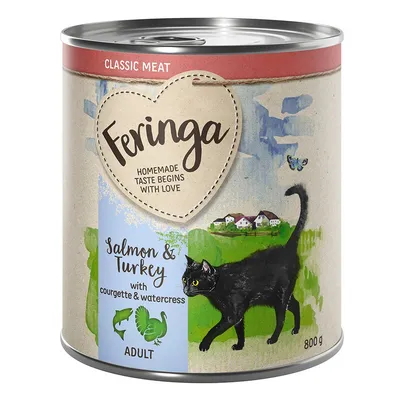 Feringa Classic Meat, Salmon & Turkey with courgette & watercress, ADULT, 800 g. Immagine di una lattina con disegno di gatto nero e paesaggio rurale. Testo in inglese.