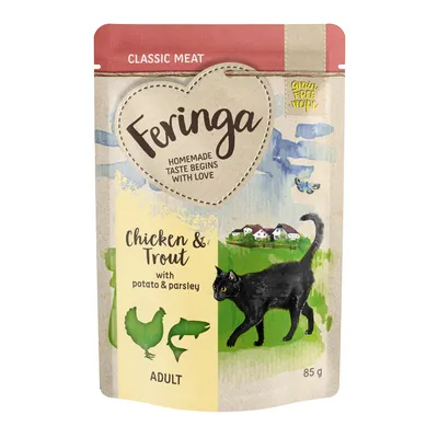 Feringa Classic Meat, pui și păstrăv cu cartof și pătrunjel, Adult, 85g, rețetă fără cereale. Ambalajul prezintă o pisică neagră și o scenă rurală.
