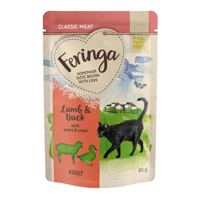 Feringa Classic Meat, Lamb & Duck with pears & cress, ADULT, 85 g. Immagine della confezione con un gatto nero e icone di agnello e anatra. Testo in inglese visibile.