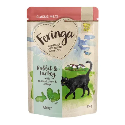 Feringa Classic Meat Rabbit & Turkey with sea buckthorn & catnip, ADULT, 85 g. Illustration de chat noir, lapin et dinde. Texte en anglais sur l’emballage.