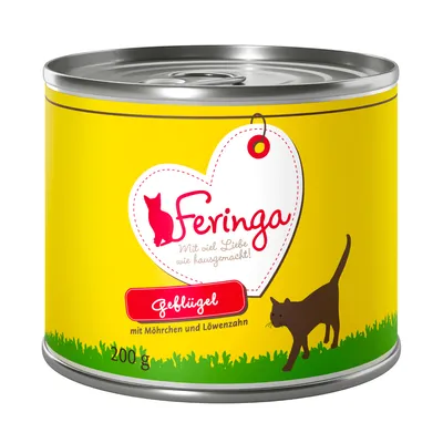 Feringa konzerva za mačke, natpis na njemačkom: Geblügel mit Möhrchen und Löwenzahn, 200 g. Žuta ambalaža s crnom siluetom mačke.