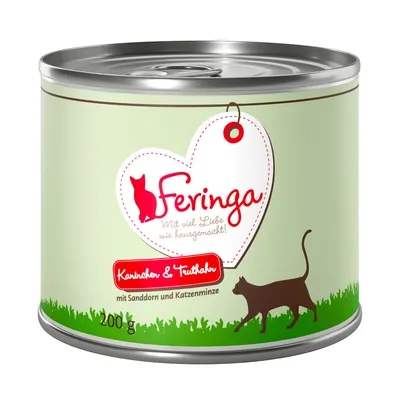 Feringa konzerva, vidljiv tekst: Kaninchen & Truthahn mit Sanddorn und Katzenminze, 200 g. Dizajn s crnom siluetom mačke i srcem na svijetlozelenoj pozadini.