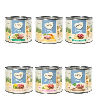 Feringa Single Meat Katzenfutter in Dosen: Kaninchen mit Pastinaken, Huhn mit Kürbis, Lamm mit Kartoffeln, Rind mit Brokkoli, Wildlachs mit Paprika, Ente mit Käse und Baldrian.