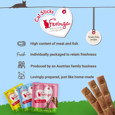 Cat Sticks Feringa. High content of meat and fish, individually packaged for freshness, grain-free recipe, produced by an Austrian family business, lovingly prepared like home-made.