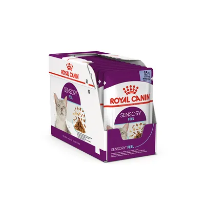 Box containing multiple 85g pouches labelled Royal Canin Sensory Feel, showing product name and packaging details.