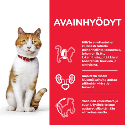 Avainhyödyt: Hill'sin kliinisesti tutkittu painonhallintakoostumus, rajoitettu määrä kivennäisaineita, vähäinen kalorimäärä ja suuri L-lysiinipitoisuus. Teksti suomeksi.